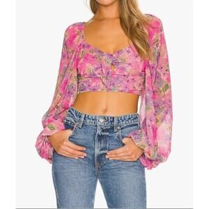 For Love & Lemons Trisha Crop Top Pink Multicolor Sweetheart Puff Sleeves Medium